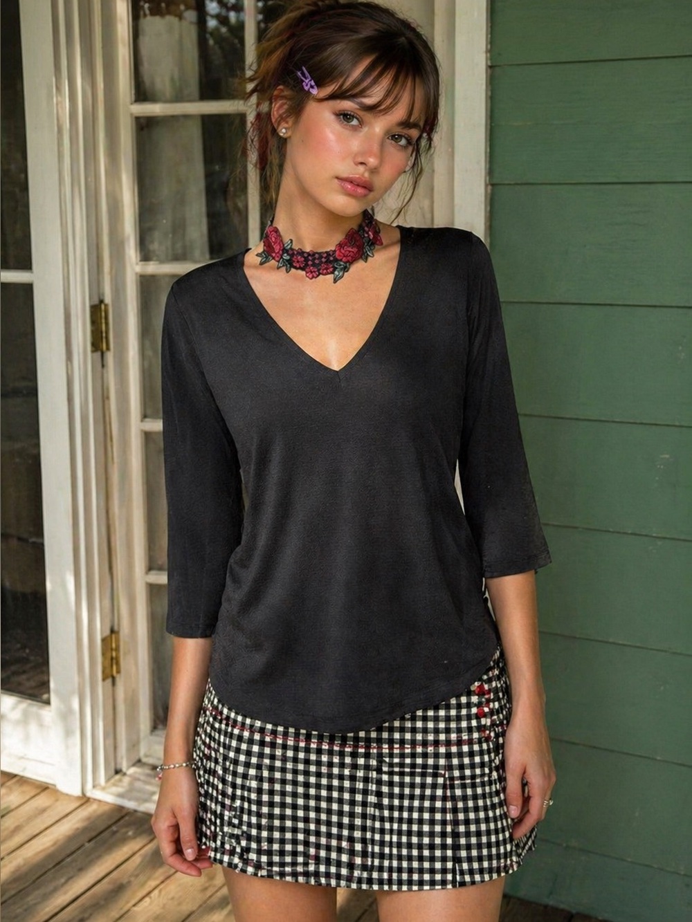 VTG Signature Studio Black V-Neck 3/4 Sleeve Top Floral Choker fairy grunge